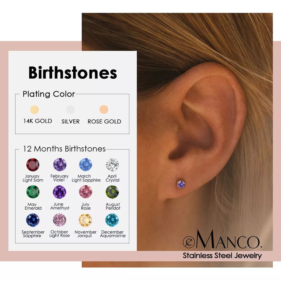 eManco 316 Stainless Steel Birthstone  Ear Stud Piercing Gun Gold Color Push-Back Earrings Piercing Safe For Baby And Women Gift