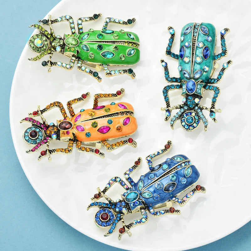Wuli&baby Big Enamel Beetle Brooches For Women Unisex 4-color Rhinestone Lovely Insects Party Office Brooch Pins Gifts